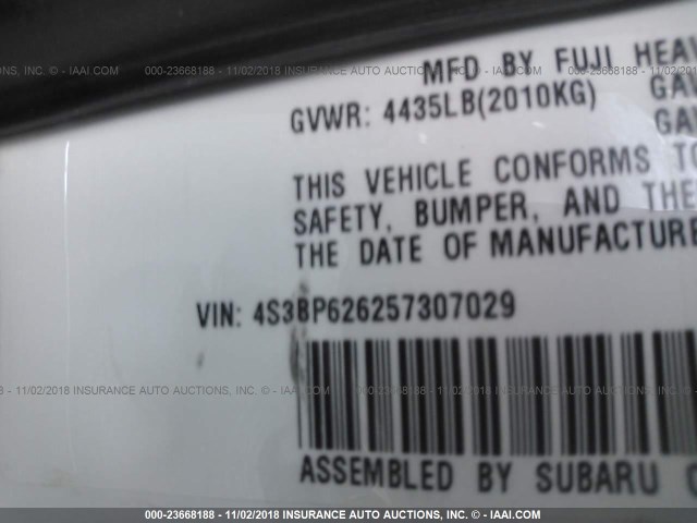 4S3BP626257307029 - 2005 SUBARU LEGACY 2.5I LIMITED თეთრი ფოტო 9