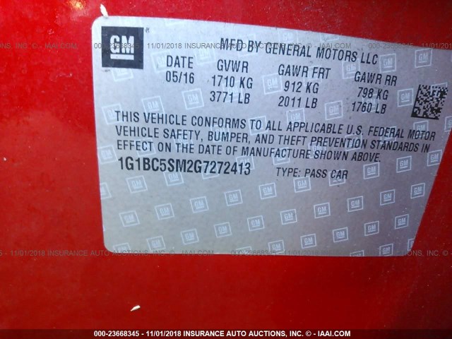 1G1BC5SM2G7272413 - 2016 CHEVROLET CRUZE LS RED photo 9