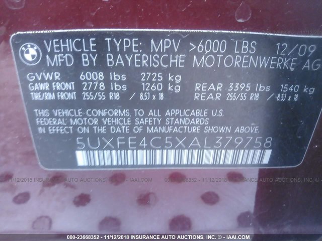 5UXFE4C5XAL379758 - 2010 BMW X5 XDRIVE30I MAROON photo 9