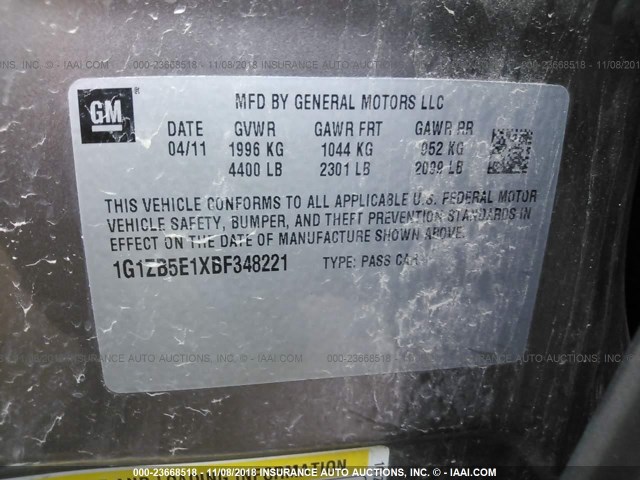 1G1ZB5E1XBF348221 - 2011 CHEVROLET MALIBU LS 棕色 照片 9