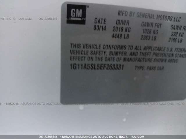 1G11A5SL5EF263331 - 2014 CHEVROLET MALIBU LS 白色 照片 9