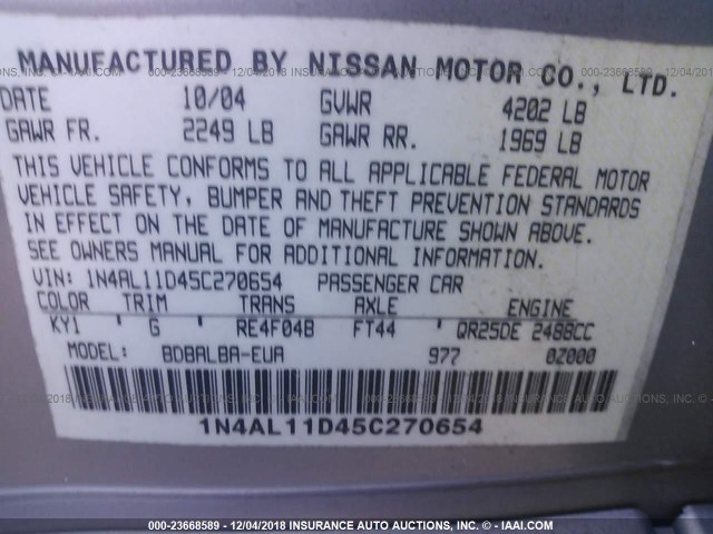 1N4AL11D45C270654 - 2005 NISSAN ALTIMA S/SL SILVER photo 9