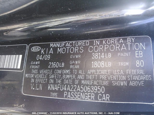 KNAFU4A22A5063950 - 2010 KIA FORTE EX BLACK photo 9