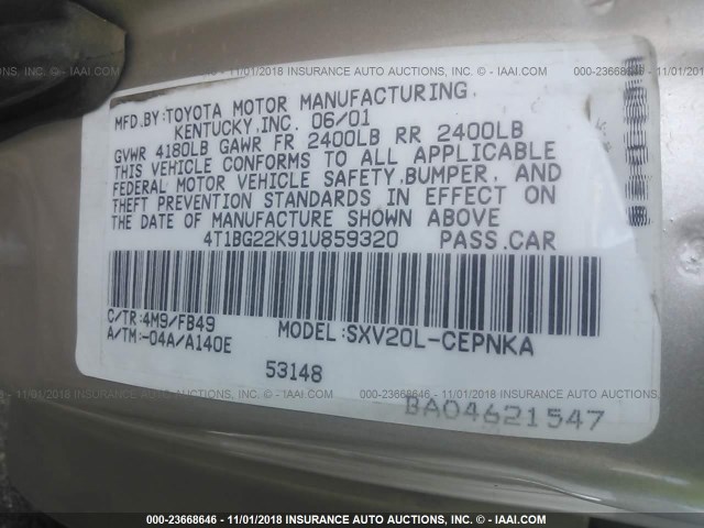 4T1BG22K91U859320 - 2001 TOYOTA CAMRY CE/LE/XLE TAN photo 9