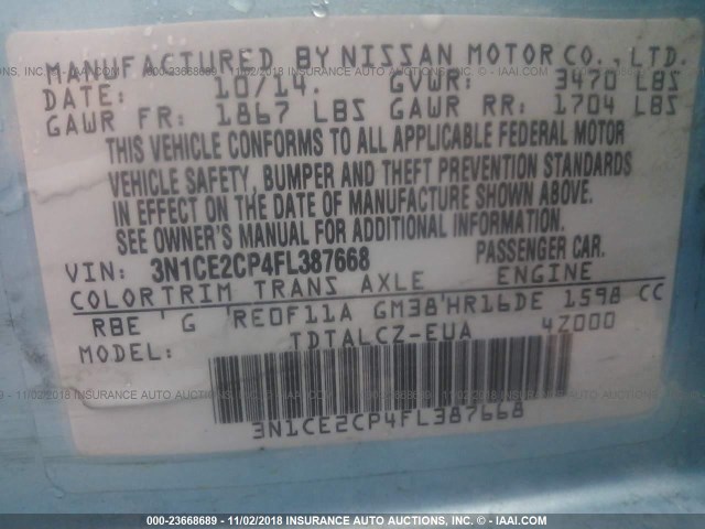 3N1CE2CP4FL387668 - 2015 NISSAN VERSA NOTE S/S PLUS/SV/SL/SR GOLD photo 9