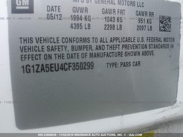 1G1ZA5EU4CF350299 - 2012 CHEVROLET MALIBU LS 白色 照片 9