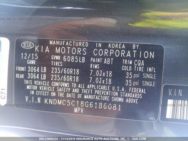 KNDMC5C18G6186081 - 2016 KIA SEDONA EX/SX GRAY photo 9