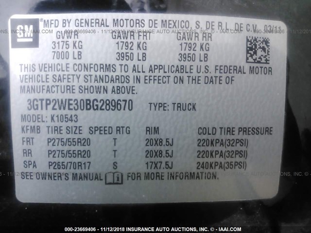 3GTP2WE30BG289670 - 2011 GMC SIERRA K1500 SLT BLACK photo 9