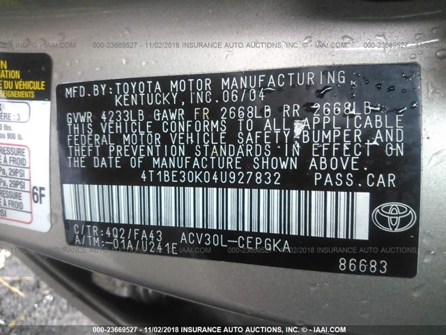 4T1BE30K04U927832 - 2004 TOYOTA CAMRY LE/XLE/SE GOLD photo 9