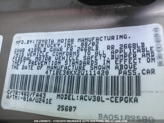 4T1BE30KX2U111420 - 2002 TOYOTA CAMRY LE/XLE/SE GOLD photo 9