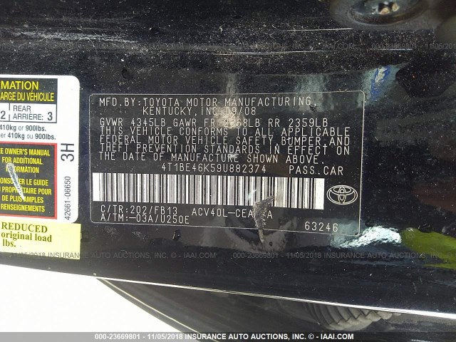 4T1BE46K59U882374 - 2009 TOYOTA CAMRY SE/LE/XLE შავი ფოტო 9