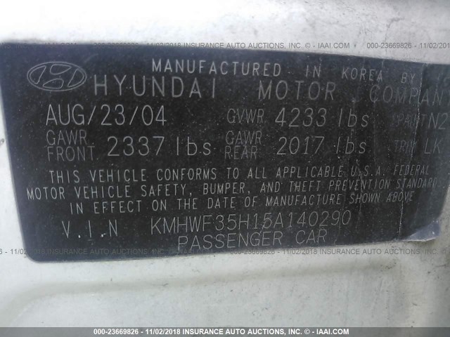 KMHWF35H15A140290 - 2005 HYUNDAI SONATA GLS/LX WHITE photo 9