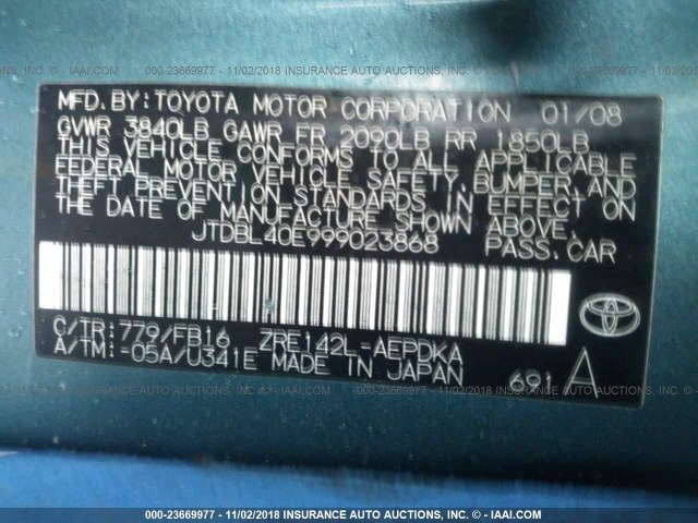 JTDBL40E999023868 - 2009 TOYOTA COROLLA LE/XLE GREEN photo 9