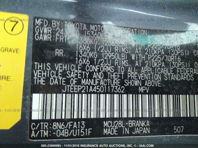 JTEEP21A450117362 - 2005 TOYOTA HIGHLANDER LIMITED TEAL photo 9