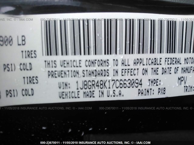 1J8GR48K17C663094 - 2007 JEEP GRAND CHEROKEE LAREDO/COLUMBIA/FREEDOM 黑色 照片 9
