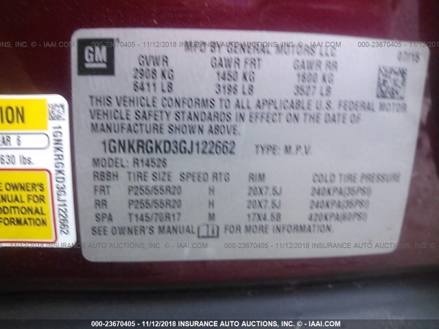 1GNKRGKD3GJ122662 - 2016 CHEVROLET TRAVERSE LT BURGUNDY photo 9