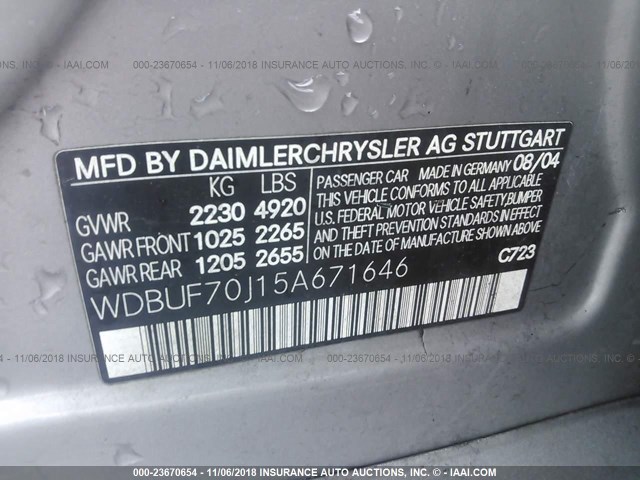 WDBUF70J15A671646 - 2005 MERCEDES-BENZ E 500 GOLD photo 9