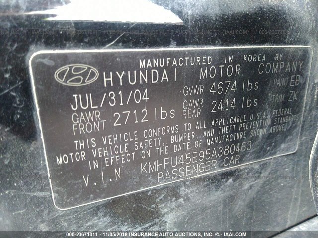 KMHFU45E95A380463 - 2005 HYUNDAI XG 350 BLACK photo 9