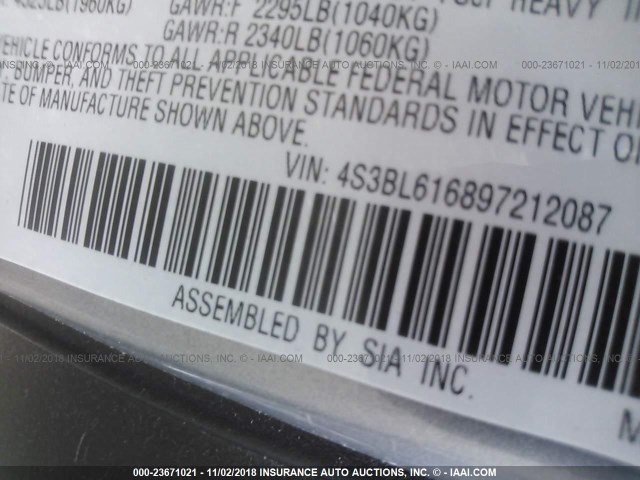 4S3BL616897212087 - 2009 SUBARU LEGACY 2.5I SILVER photo 9