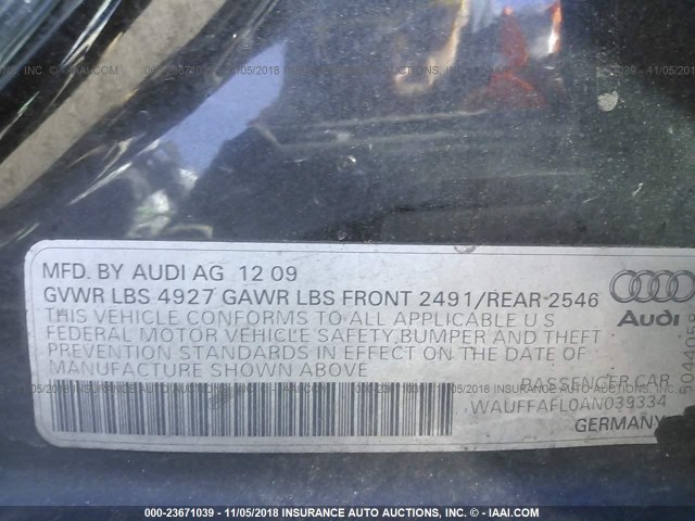 WAUFFAFL0AN039334 - 2010 AUDI A4 PREMIUM PLUS BLACK photo 9