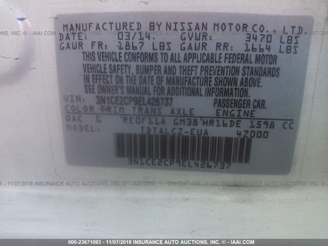 3N1CE2CP9EL426737 - 2014 NISSAN VERSA NOTE S/S PLUS/SV/SL WHITE photo 9