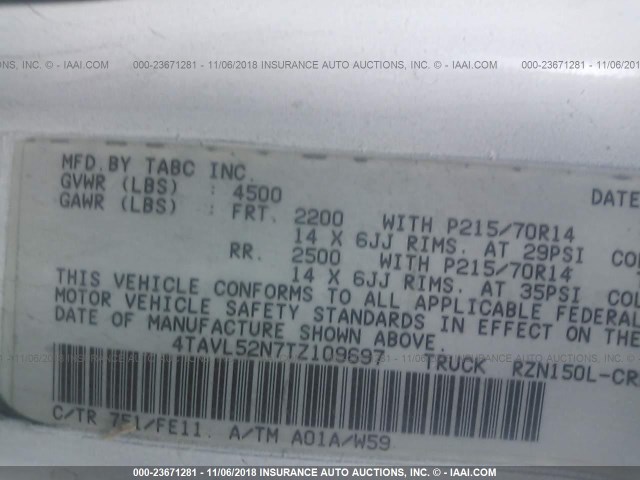 4TAVL52N7TZ109697 - 1996 TOYOTA TACOMA XTRACAB WHITE photo 9