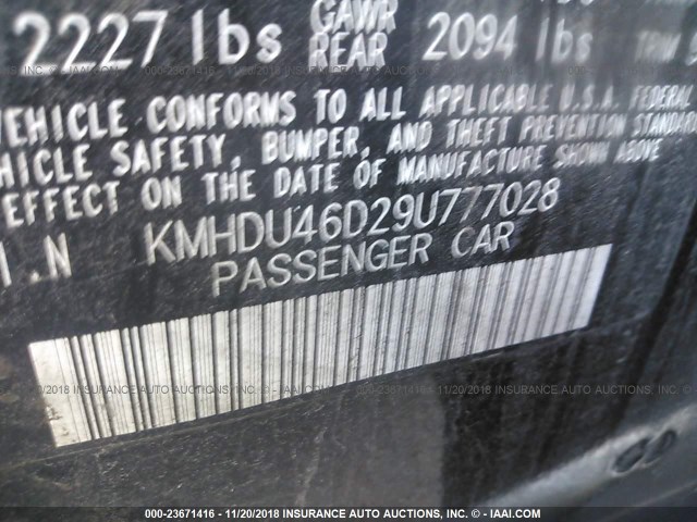 KMHDU46D29U777028 - 2009 HYUNDAI ELANTRA GLS/SE BLACK photo 9