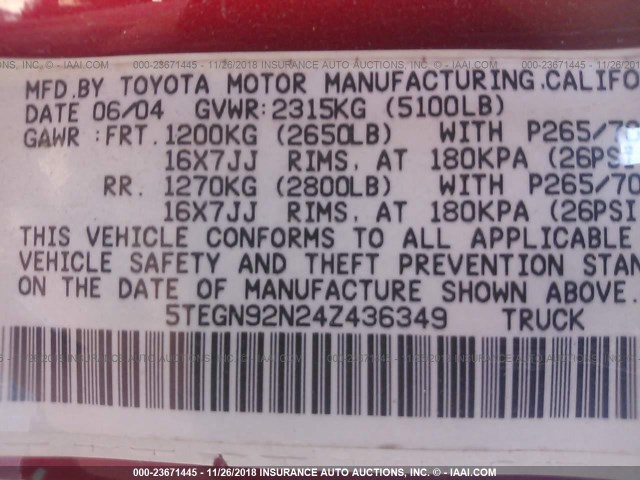 5TEGN92N24Z436349 - 2004 TOYOTA TACOMA DOUBLE CAB PRERUNNER RED photo 9