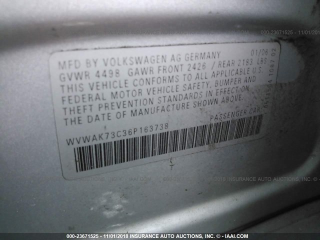 WVWAK73C36P163738 - 2006 VOLKSWAGEN PASSAT 2.0T/2.0T VALUE SILVER photo 9