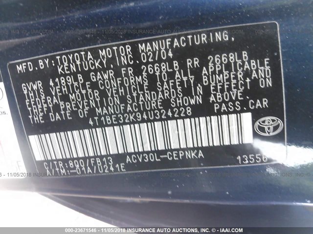 4T1BE32K94U324228 - 2004 TOYOTA CAMRY LE/XLE/SE BLUE photo 9