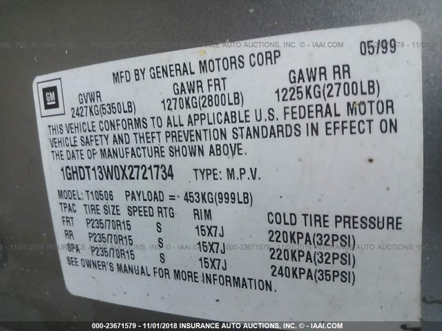 1GHDT13W0X2721734 - 1999 OLDSMOBILE BRAVADA GOLD photo 9