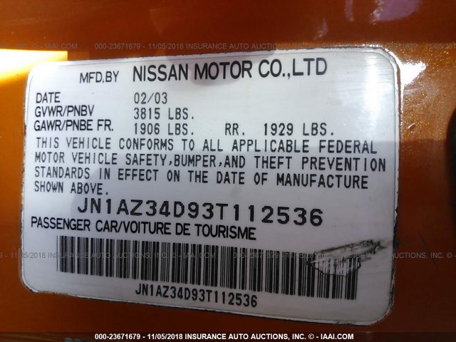 JN1AZ34D93T112536 - 2003 NISSAN 350Z COUPE ORANGE photo 9