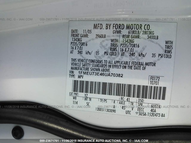 1FMEU73E46UA70382 - 2006 FORD EXPLORER XLT WHITE photo 9