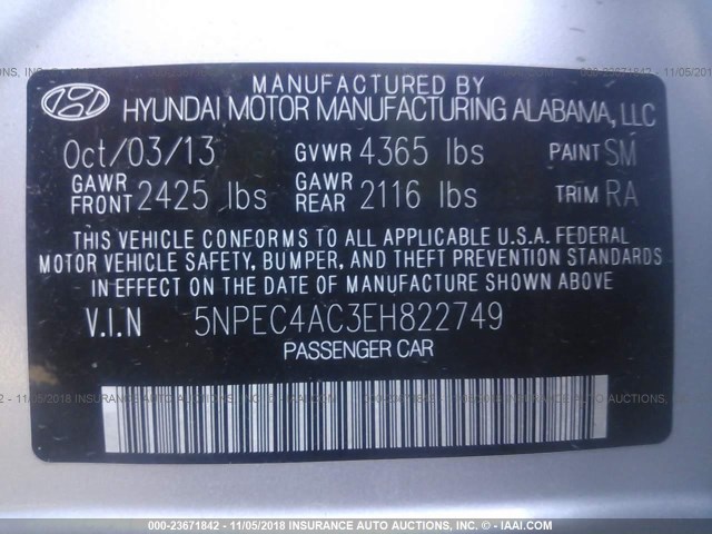 5NPEC4AC3EH822749 - 2014 HYUNDAI SONATA SE/LIMITED SILVER photo 9