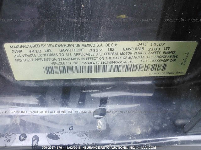 3VWBJ71K38M065476 - 2008 VOLKSWAGEN GLI შავი ფოტო 9