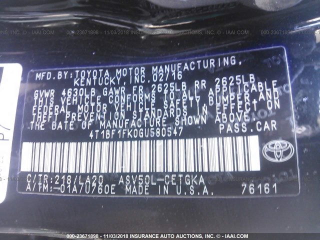 4T1BF1FK0GU580547 - 2016 TOYOTA CAMRY LE/XLE/SE/XSE BLACK photo 9