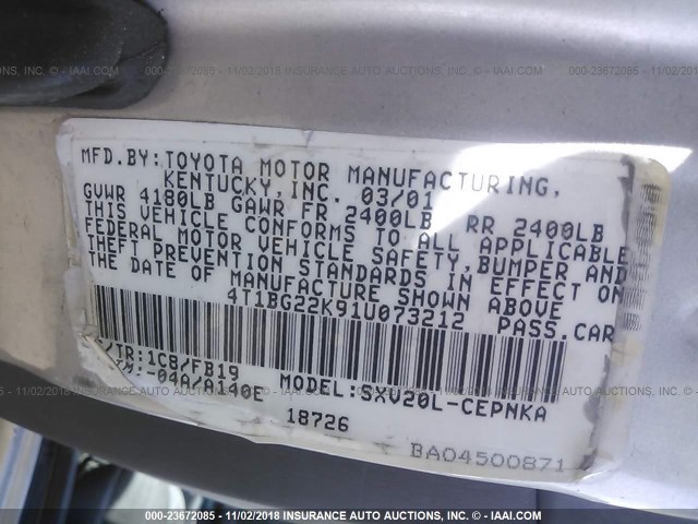 4T1BG22K91U073212 - 2001 TOYOTA CAMRY CE/LE/XLE SILVER photo 9