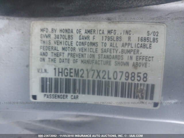 1HGEM217X2L079858 - 2002 HONDA CIVIC HX SILVER photo 9