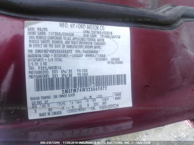 2MEFM74W32X665872 - 2002 MERCURY GRAND MARQUIS GS RED photo 9