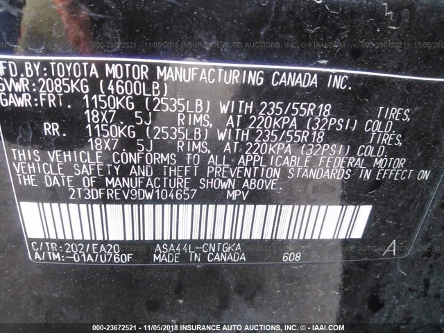 2T3DFREV9DW104657 - 2013 TOYOTA RAV4 LIMITED BLACK photo 9