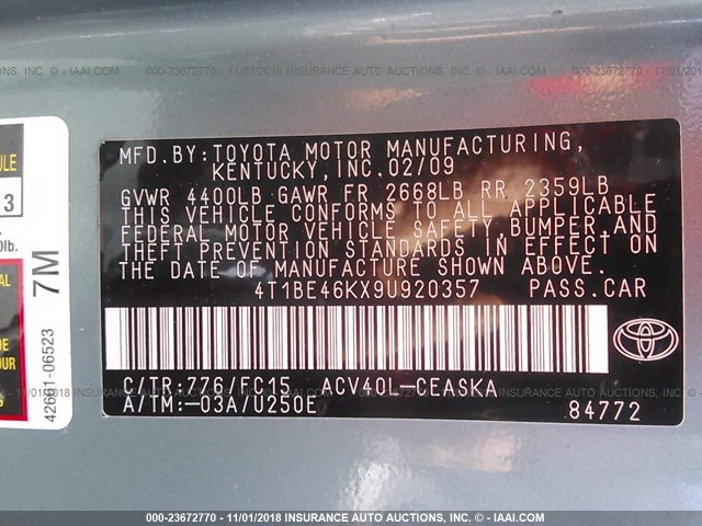 4T1BE46KX9U920357 - 2009 TOYOTA CAMRY SE/LE/XLE 青色 照片 9