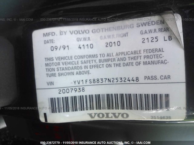 YV1FS8837N2532448 - 1992 VOLVO 740 BLACK photo 9