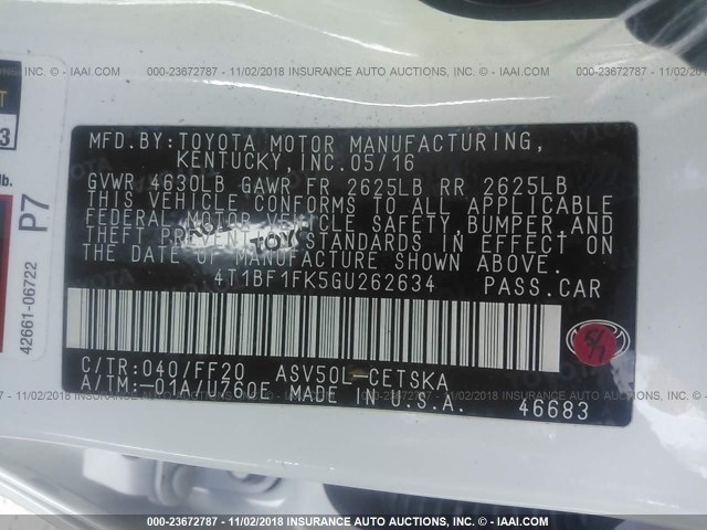 4T1BF1FK5GU262634 - 2016 TOYOTA CAMRY LE/XLE/SE/XSE 白色 照片 9