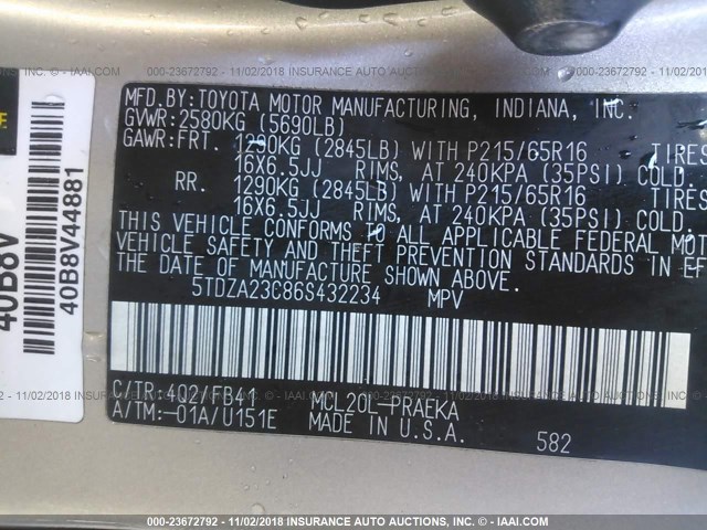 5TDZA23C86S432234 - 2006 TOYOTA SIENNA CE/LE GOLD photo 9