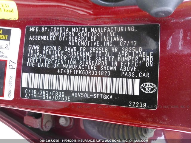 4T4BF1FK6DR331820 - 2013 TOYOTA CAMRY L/SE/LE/XLE 红色 照片 9