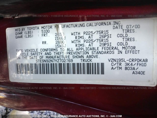 5TESN92N7YZ702769 - 2000 TOYOTA TACOMA XTRACAB PRERUNNER წითელი ფოტო 9