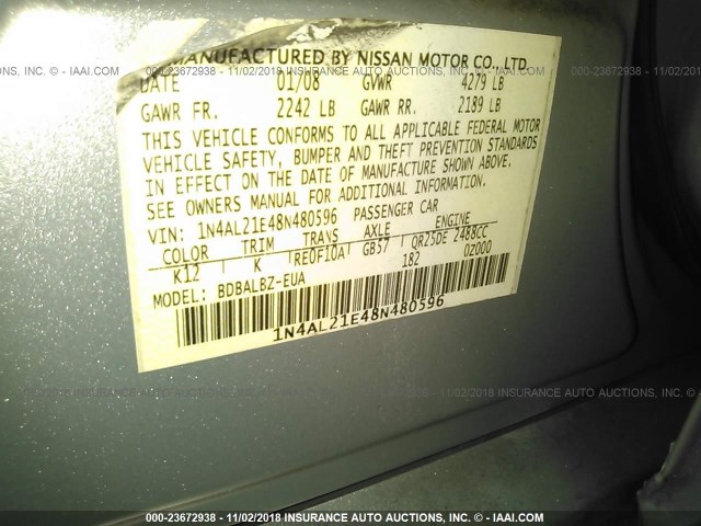 1N4AL21E48N480596 - 2008 NISSAN ALTIMA 2.5/2.5S SILVER photo 9