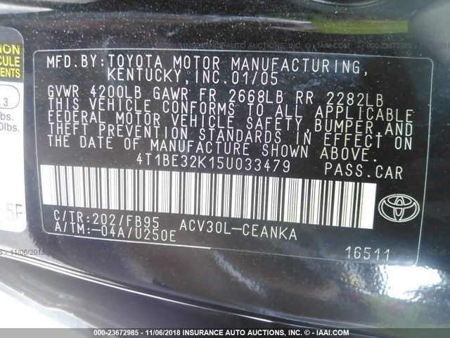 4T1BE32K15U033479 - 2005 TOYOTA CAMRY LE/XLE/SE BLACK photo 9