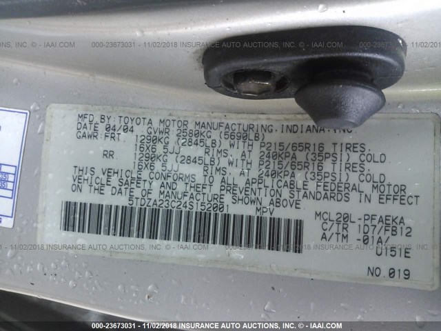 5TDZA23C24S152001 - 2004 TOYOTA SIENNA CE/LE SILVER photo 9