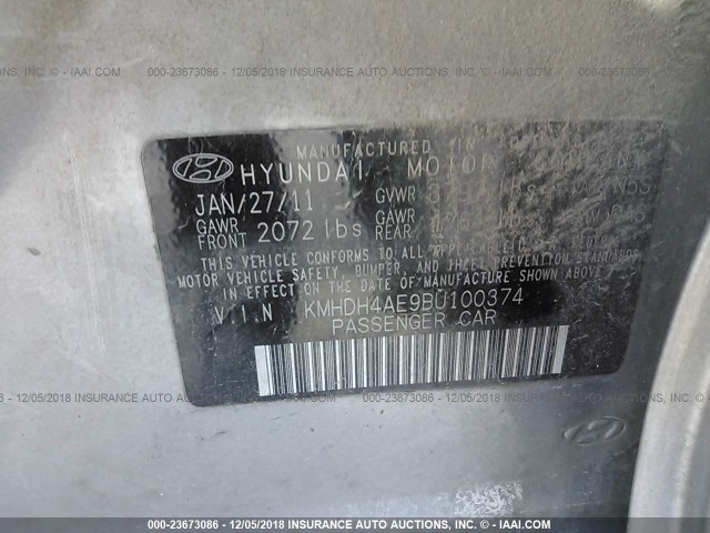 KMHDH4AE9BU100374 - 2011 HYUNDAI ELANTRA GLS/LIMITED GRAY photo 9